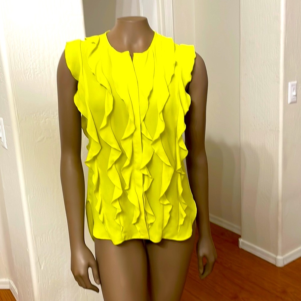 BCBG flowy ruffle tunic button down top neon yellow size xs